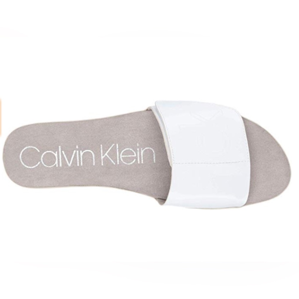 CALVIN KLEIN Women's Slides Flat Sandals White Faux Patent Leather US Size 8